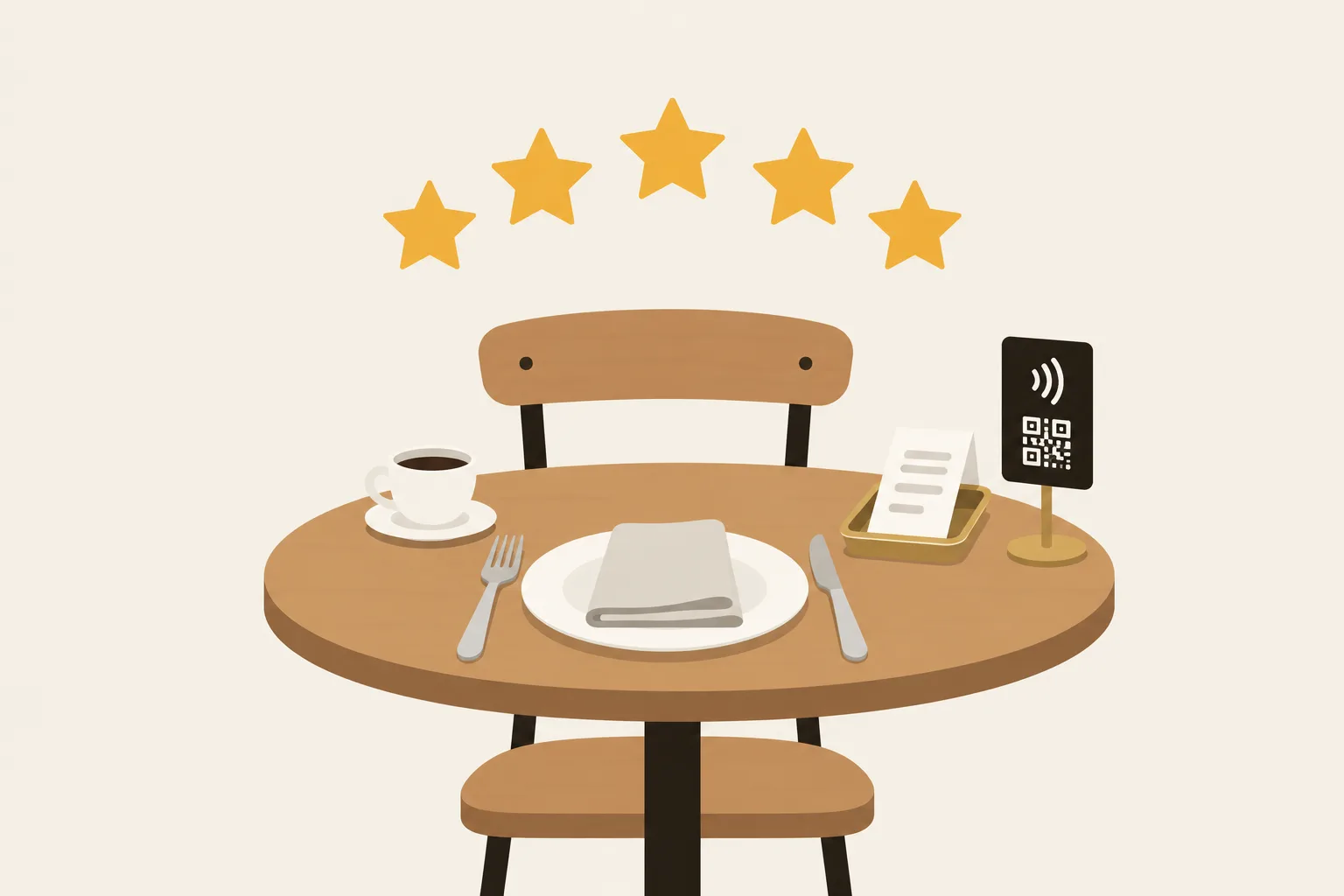 Illustration : une table de bistrot avec assiette, café et addition, une petite plaque avis posée au bord, et cinq étoiles au-dessus
