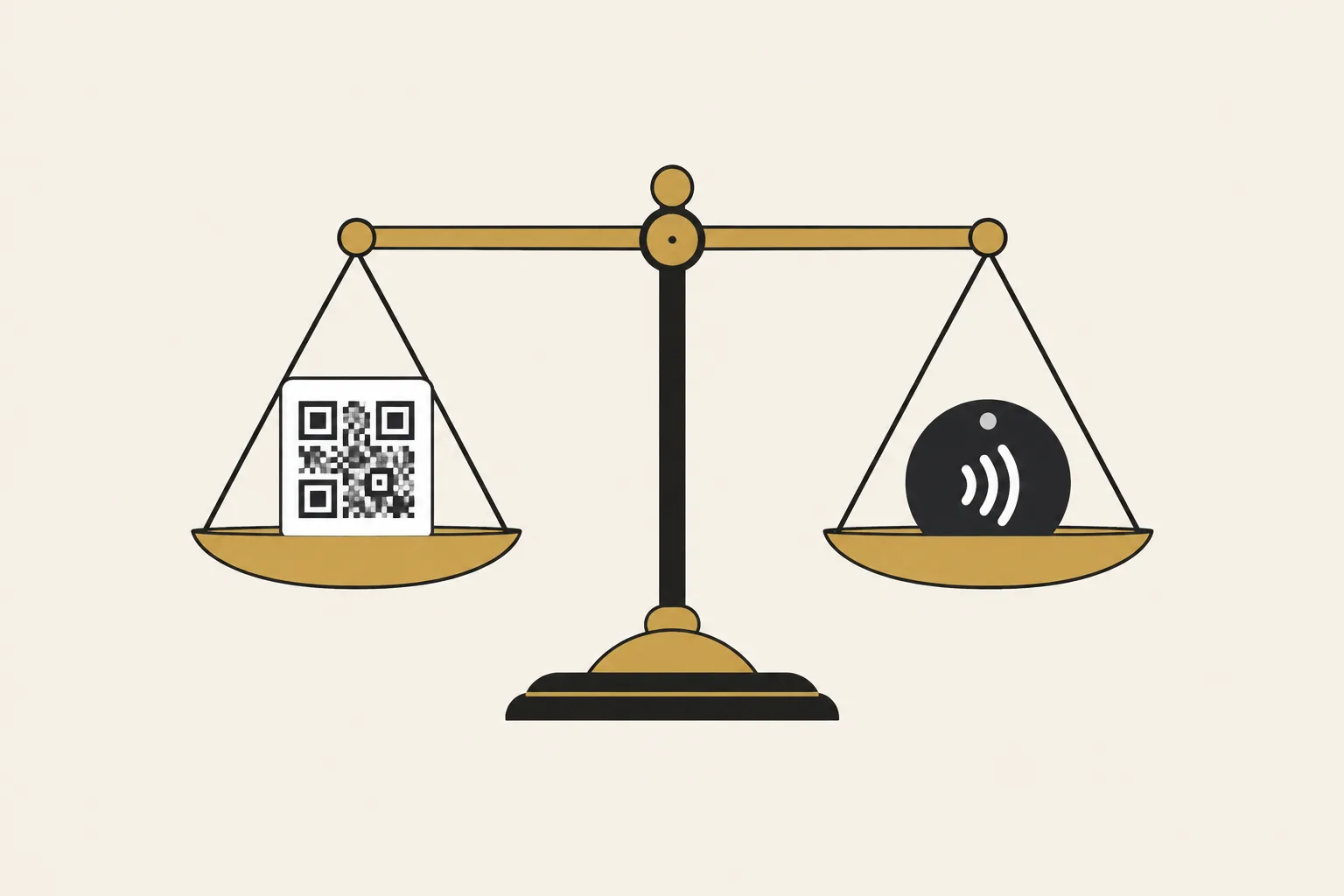 Illustration : une balance à l’équilibre, avec un QR code sur un plateau et un tag NFC sur l’autre