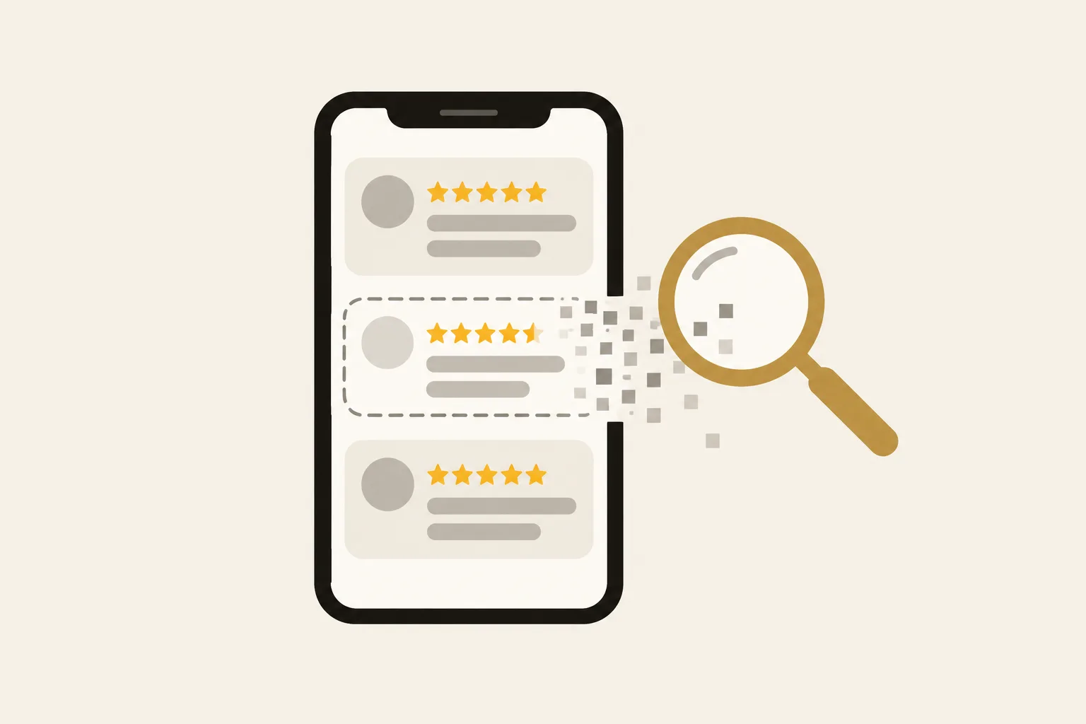 Illustration : sur un téléphone, une liste d’avis dont celui du milieu s’efface en petits carrés, sous une loupe