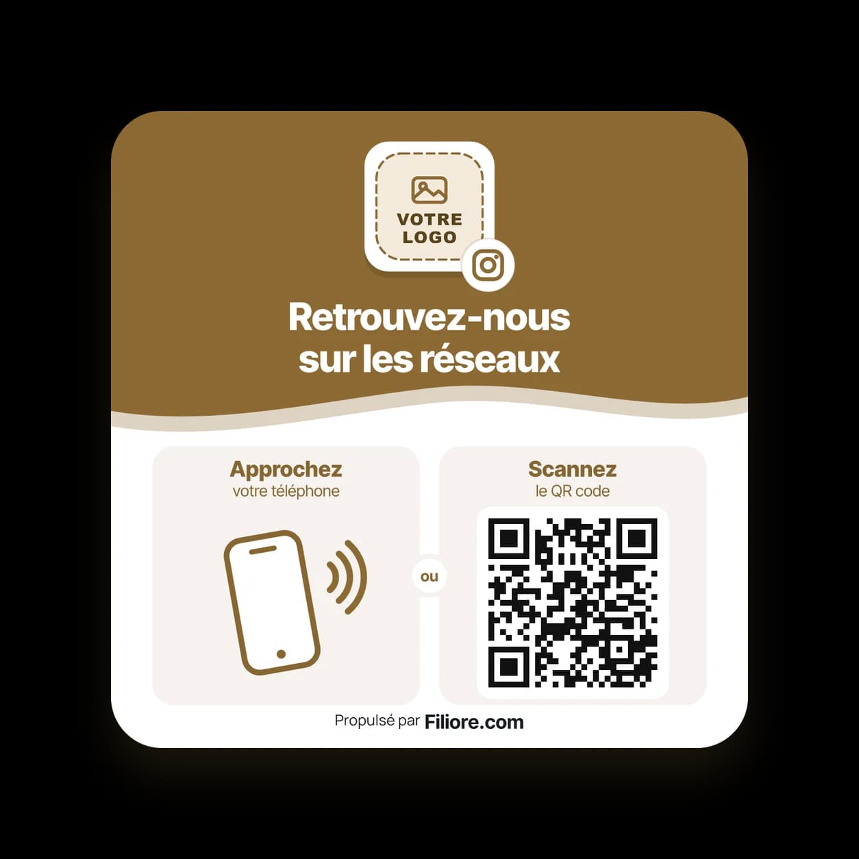 Plaque réseaux sociaux modèle Vague : bandeau doré, « votre logo » avec l'icône Instagram, et les deux gestes