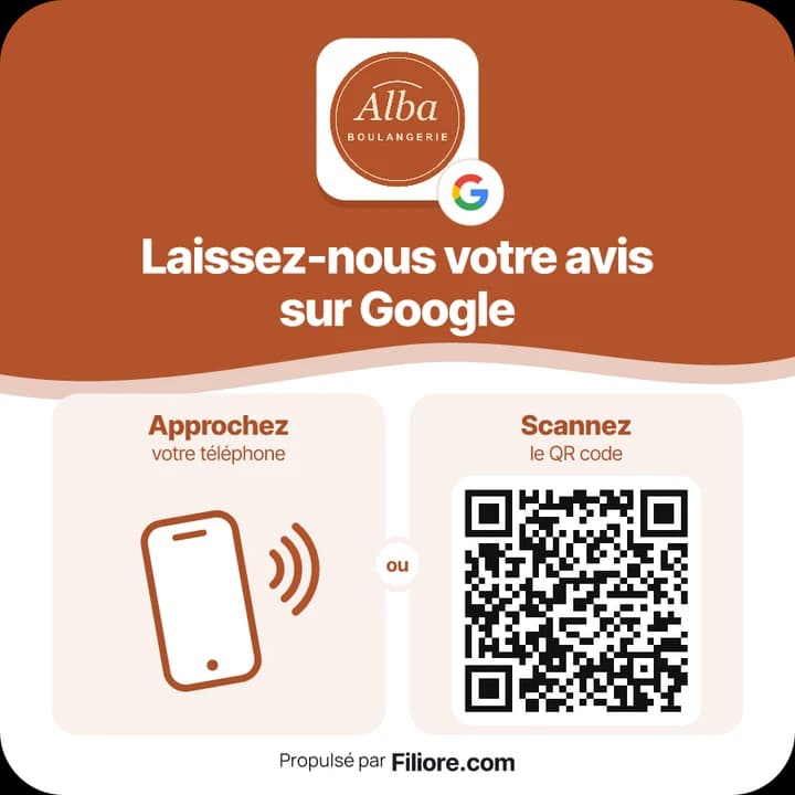 Plaque avis Google modèle Vague, bandeau terracotta et logo d’une boulangerie d’exemple
